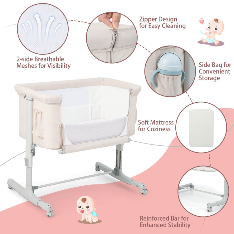 Portable Baby Bedside Bassinet with 5-level Adjustable Heights and Travel Bag-BeigeCostway Gallery View 10 of 10